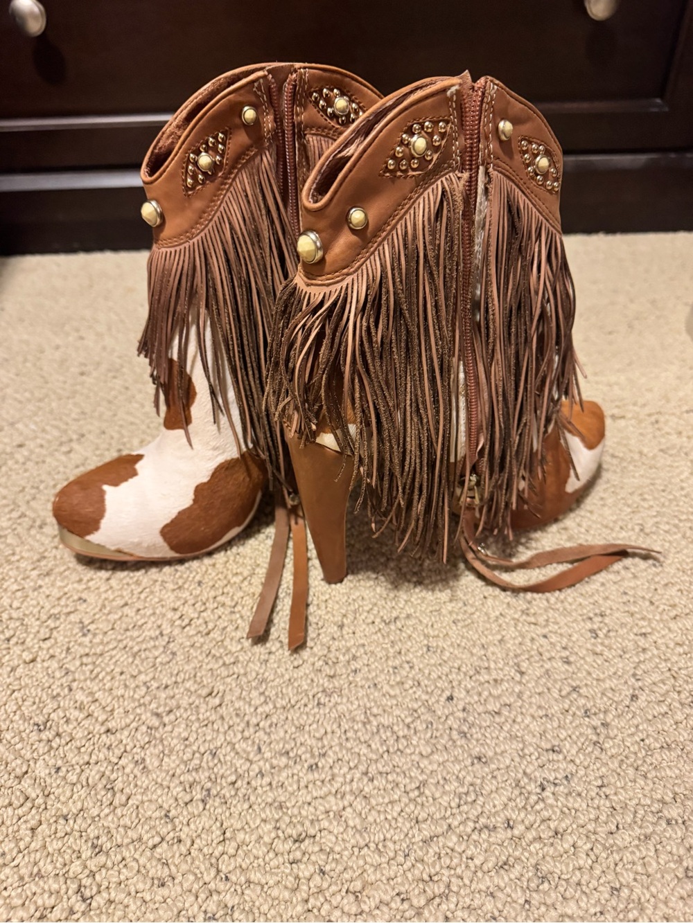 Sam Edelman Brown Fringe Cowhide Ankle Booties - Picture 2 of 7